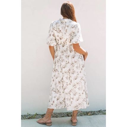 Khaki Floral Puff Sleeve V Neck Buttoned Front Maxi Dress