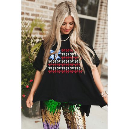 Black American Flag Inspired Bow Graphic Drop Shoulder T Shirt