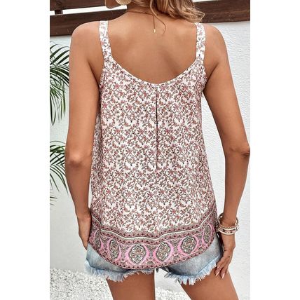 Pink Bohemian Floral Pleated U Neck Vest