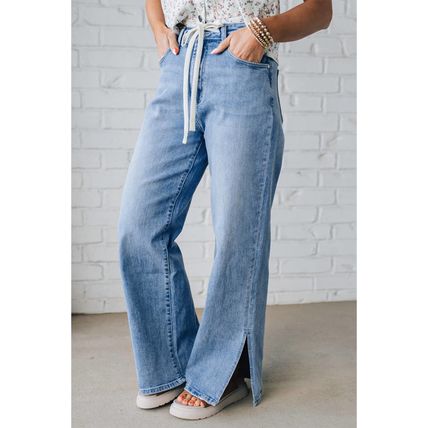 Myosotis Slit Leg High Rise Drawstring Casual Jeans