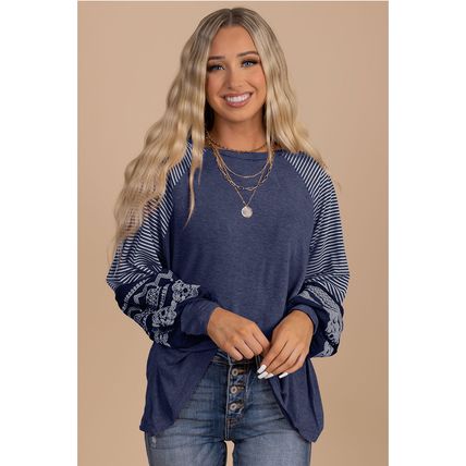 Navy Blue Contrast Print Striped Raglan Long Sleeve Loose Top
