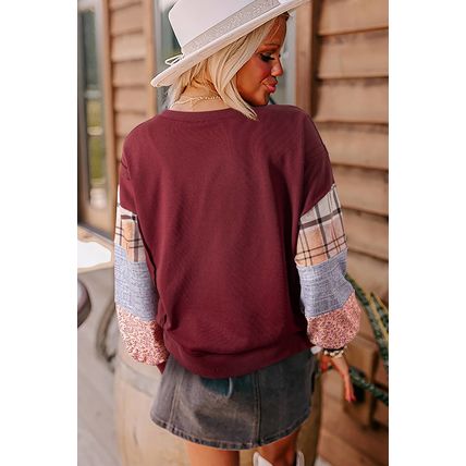 Red Sandalwood Plaid Colorblock Patchwork Sleeve Raw Seam Sweatshirt