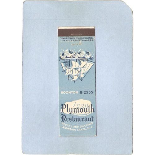 New Jersey Mountain Lakes Matchcover Plymouth Restaurant Rt 6 & Boulevard ~3477