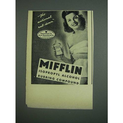 1943 Mifflin Isopropyl Alcohol Rubbing Compound Ad - The national rub-down