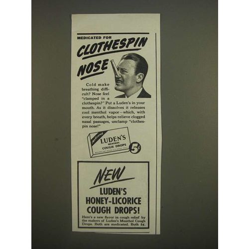 1944 Luden's Menthol Cough Drops Ad - Medicated for clothespin nose