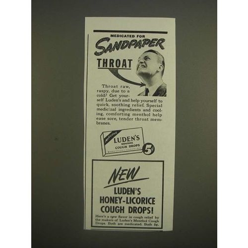 1944 Luden's Menthol Cough Drops Ad - Medicated for sandpaper throat
