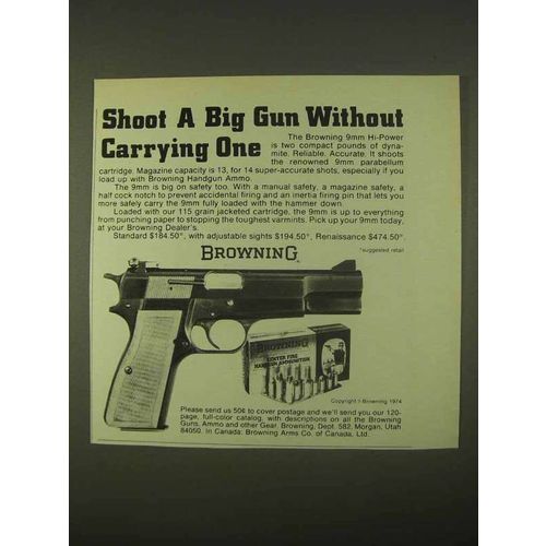 1974 Browning 9mm Hi-Power Pistol Ad - Shoot Big Gun