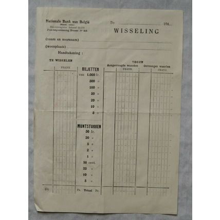 1947 unused Banque Nationale de Belgique Bordereau d'Echange