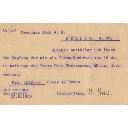 Davos Switzerland to Dresdner Bank Germany Old Postcard