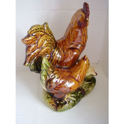 Vintage Majolica Hen with Chicks Animal Figurine Bisque Sculpture Drip Glaze