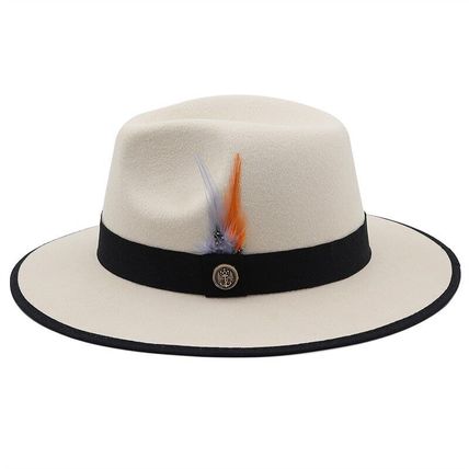 New Men’s Beige & Black Fedora Wool Feather Dress Hat (Size 56-58CM)