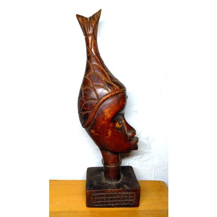 African Sculpture Tribal Woman Head w/Fish Wood Carving - Abstract Art - VTG