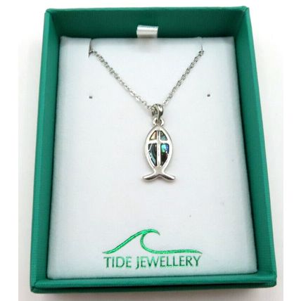 Ichthys Paua Shell Pendant with Cross Detail on a Necklace Gift Christian Jesus