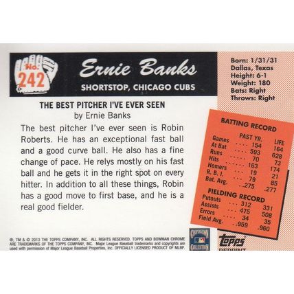 ERNIE BANKS 2013 AUTOGRAPHED CHICAGO CUBS HALL OF FAME MVP MR. CUB SHORTSTOP