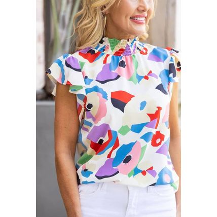 Multicolor Abstract Print Ruffle Sleeve Smocked Blouse