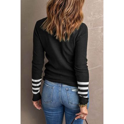 Black Striped Sleeve Plain Knit Sweater