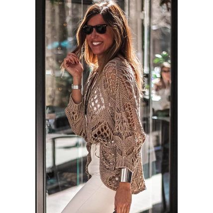 Khaki Hollowed Knit V Neck Dolman Sleeve Sweater