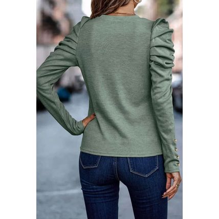 Green Buttoned Puff Long Sleeve Sheath Top