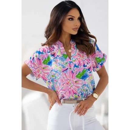 Pink Abstract Floral Print Notch V Neck Rolled Short Sleeve Blouse
