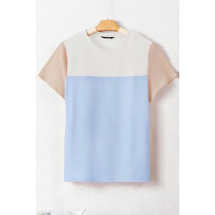 Light Blue Rib Textured Colorblock T Shirt