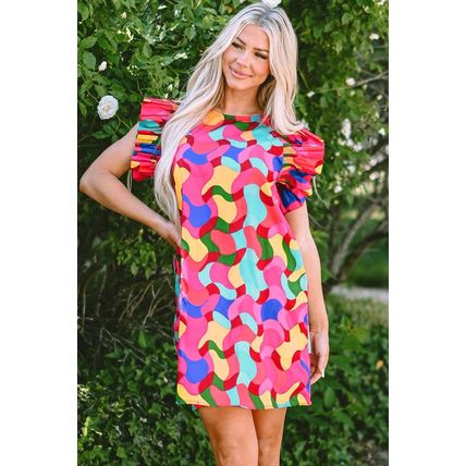 Rose Red Abstract Print Ruffle Sleeve Shift Dress