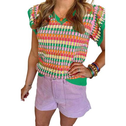 Green Multi Flutter Sleeve Knitted Sweater Top