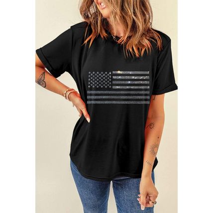 Black Glittering Rhinestone American Flag Pattern T Shirt