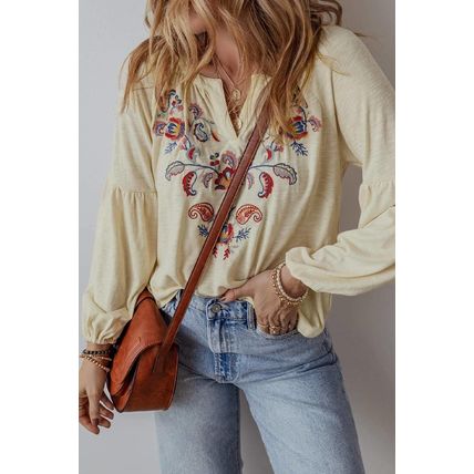 Apricot Paisley Floral Embroidered Notch V Neck Blouse