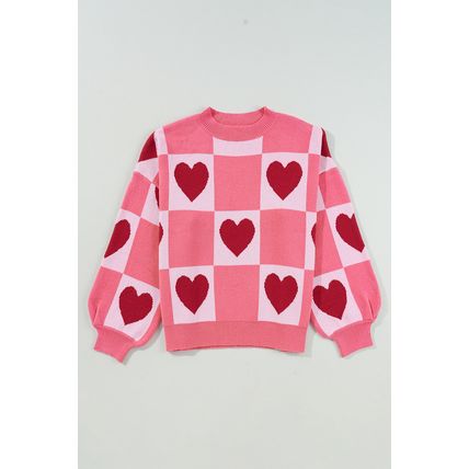 Pink Plus Size Love Heart Block Mock Neck Lantern Sleeve Valentine Sweater