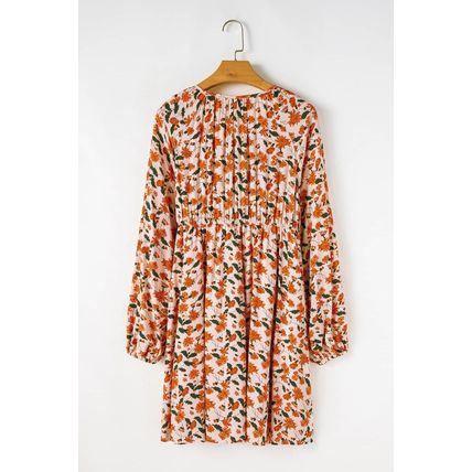 Beige Floral Deep V Neck Smocked Bust Bubble Sleeve Babydoll Dress