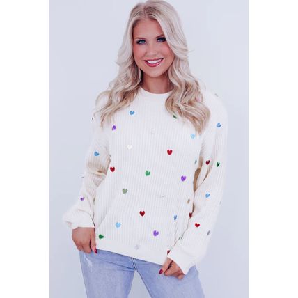 Beige Sequin Heart Shape Waffle Knit Round Neck Sweater