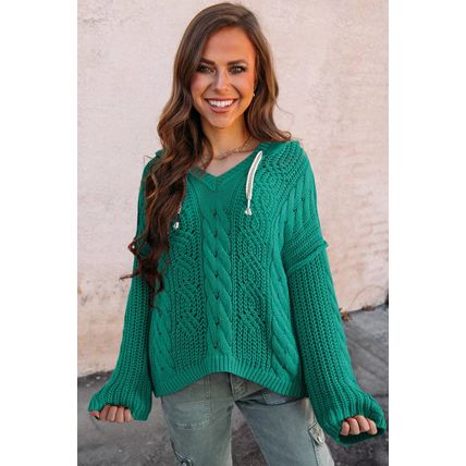 Sea Green Cable Knit V Neck Contrast Drawstring Hooded Sweater
