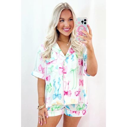 White Bowknot Print Buttoned Shirt High Waist Shorts Pajama Set