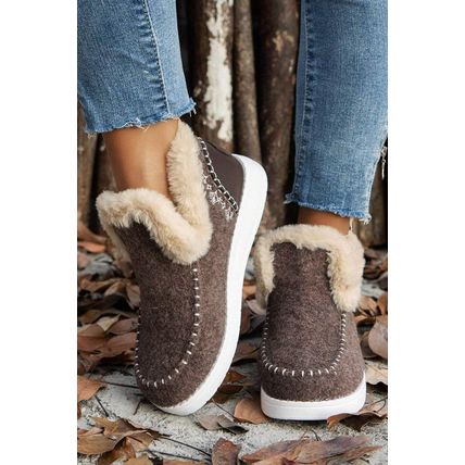 Coffee Suede Stitching Patchwork Plush Lined Anklet Boots