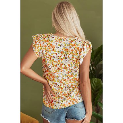 Green Floral Print Ruffled Sleeveless V Neck Tank Top