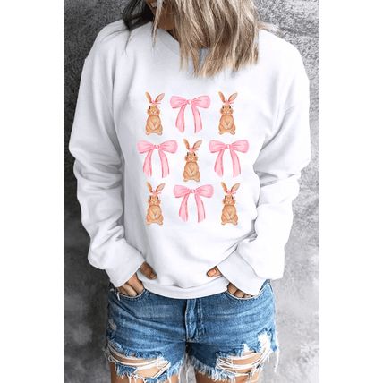 White Easter Bunny Bow Print Round Neck Pullover Sweatshirt