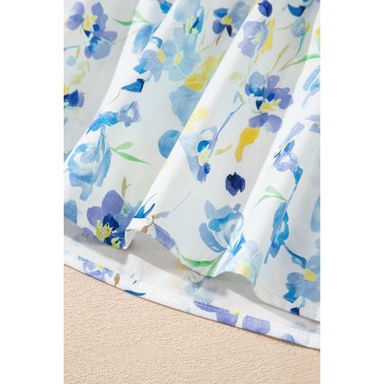 Sky Blue Floral Print Frilled Notched V Neck Blouse