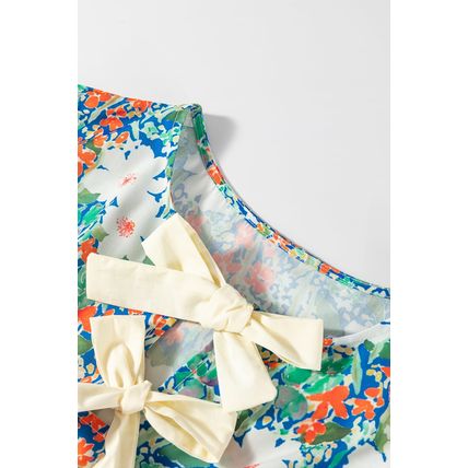 Green Floral Print Bow Applique Slit Sleeveless Peplum Blouse