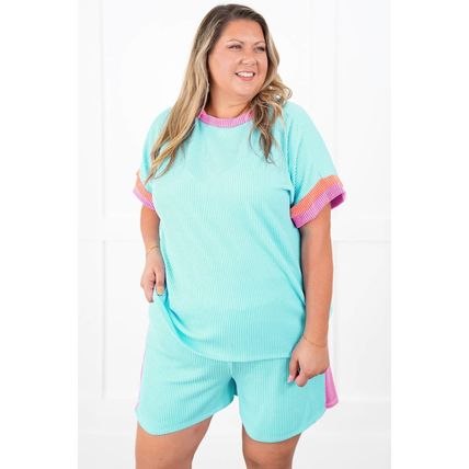 Light Blue Plus Size Color Block Corded Knit Tee and Shorts Set