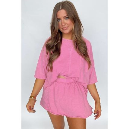 Sachet Pink Loose Fit Half Sleeve T Shirt and High Waist Skirt Set