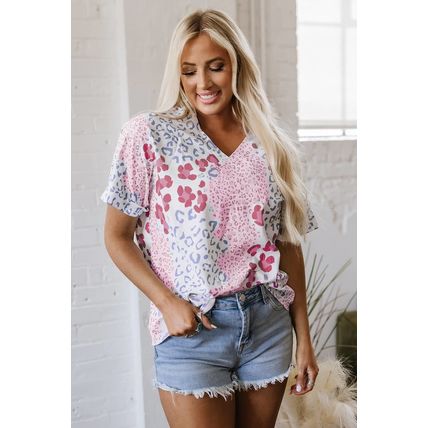 Pink Mixed Leopard Print V Neck Short Sleeve Blouse