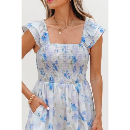 Sky Blue Floral Smocked High Waist Double Ruffle Sleeveless Long Dress