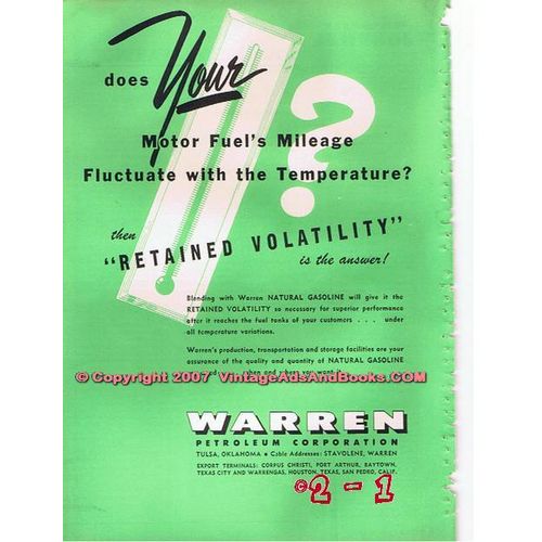 WARREN PETROLEUM 1955 mileage fluctuate retained volatility vintage ad