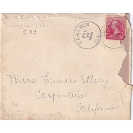 United States 1899 Cameron ILL-Carpinteria CA Cover Cameron cancel written