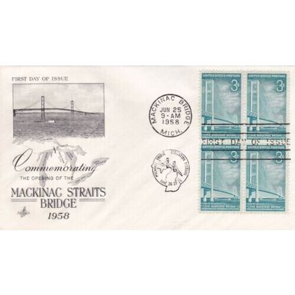 United States 1958 Mackinac Straits Bridge FDC Mackinac Cancel Unaddressed VGC