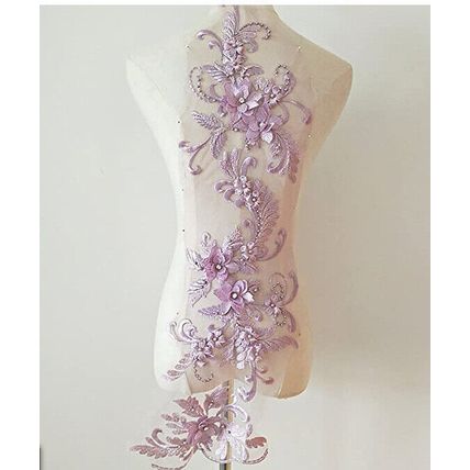 Embroidered Lace Beaded Applique Diamante Floral Patch Trim Sew On DIY Wedding