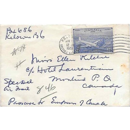 Canada Special Delivery Air Mail Combo 1951 #CE4 Kelowna BC to Montreal Quebec