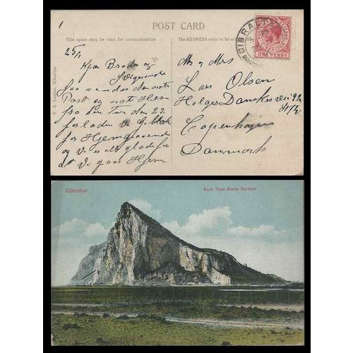Gibraltar postcard 1914 to Copenhagen, Denmark, "The Rock" view