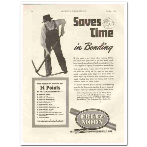 FRETZ-MOON TUBE COMPANY 1942 Saves time bending welded pipe vintage ad