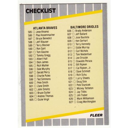 1989 Fleer Baseball Checklist unmarked braves, Orioles, Special Cards card #660